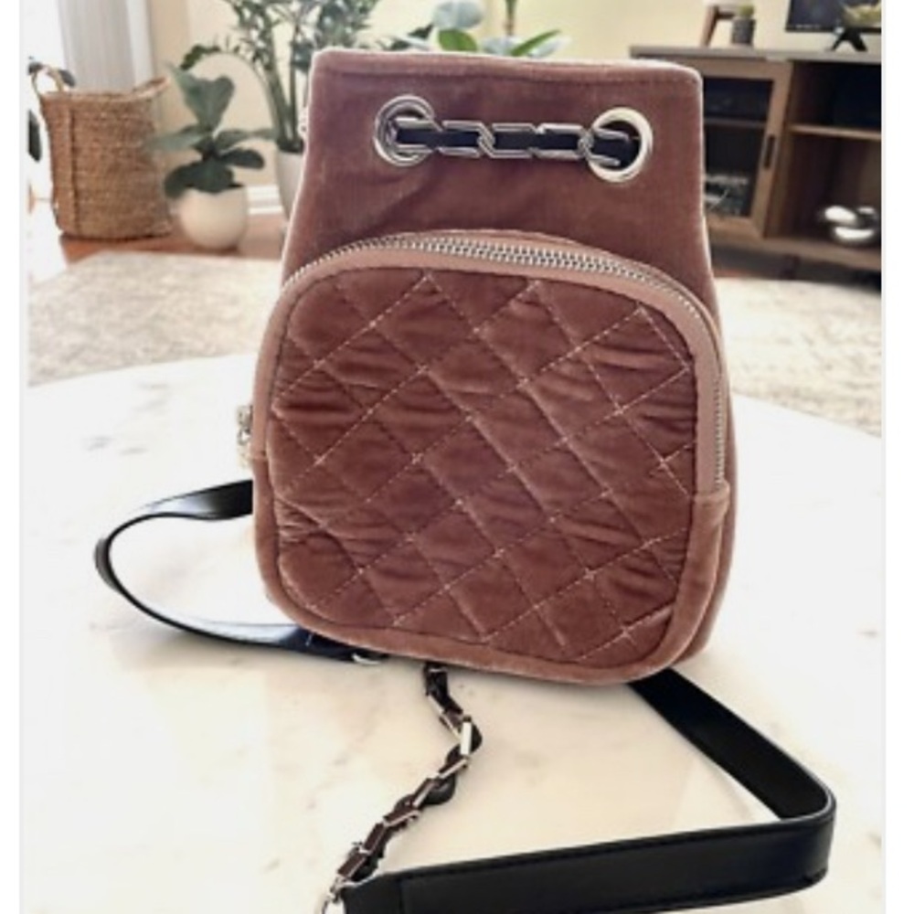 FREE PEOPLE ~ Elegant Brownish Pink Velour Quilted Backpack w/Silver Tone Chain